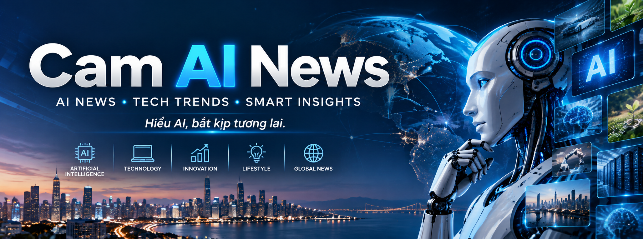 Robot and connected globe from the original Cam AI News cover